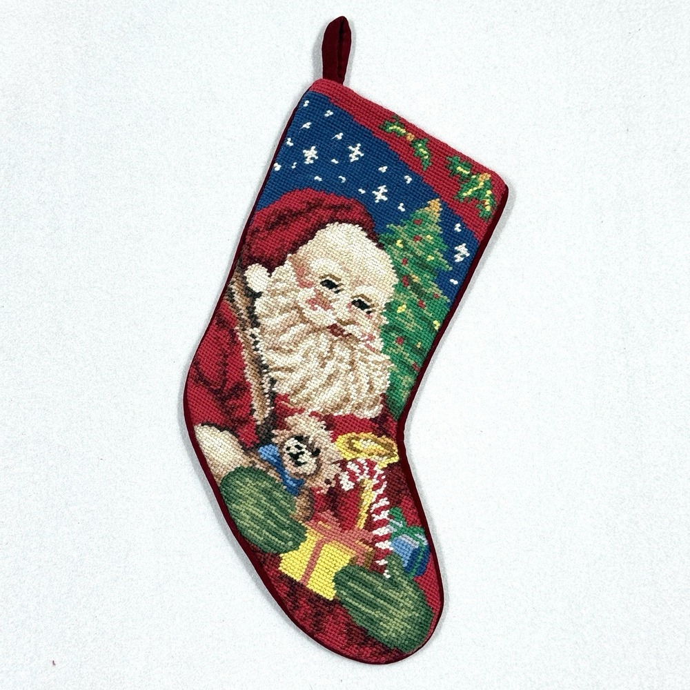 Vintage‎ Christmas Stocking Needlepoint by Hand Santa Claus Presents Wool Velvet